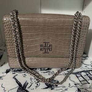 Tory Burch Beige Croc-Embossed Shoulder Bag